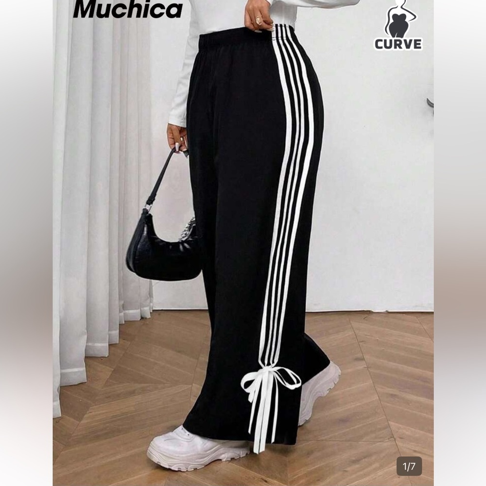 SHEIN 4X elastic waist Black Wide-Leg Track Pants with Side Stripes and Ties